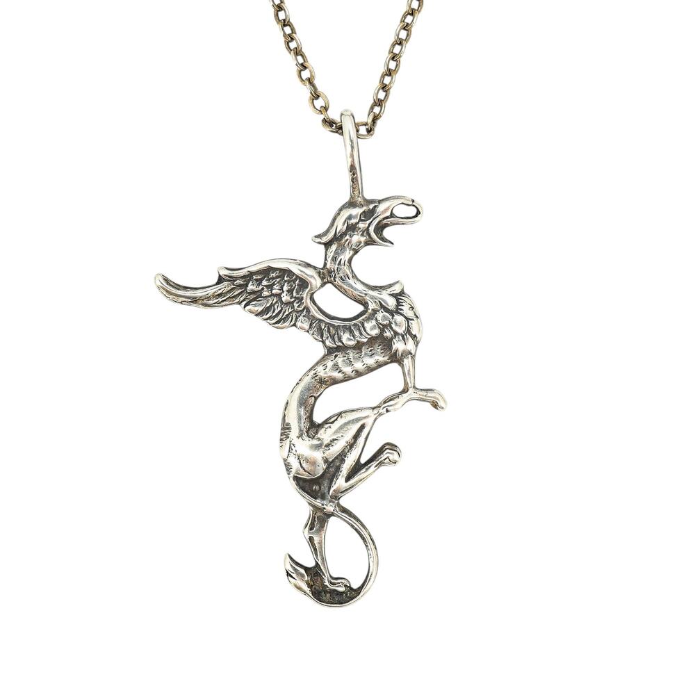 925 Sterling Silver Large Dragon Pendant Necklace - Gothic Style 8.4g
